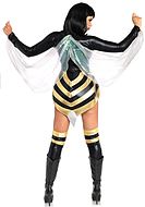 Female wasp, body costume, wet look, front zipper, built-in garter belt strap